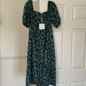 Green Floral midi Sundress with Puff Sleeves, square neck